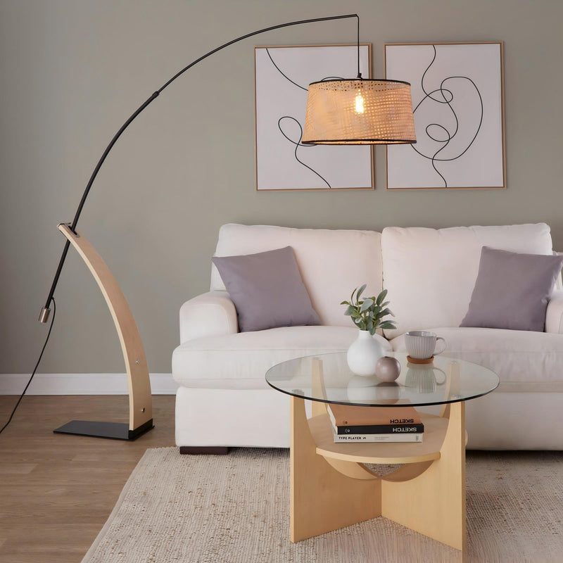Robyn-salon Mid-Century Modern Floor Lamp in Natural Wood and Black Metal with Natural Rattan Shade by LumiSource - main product image