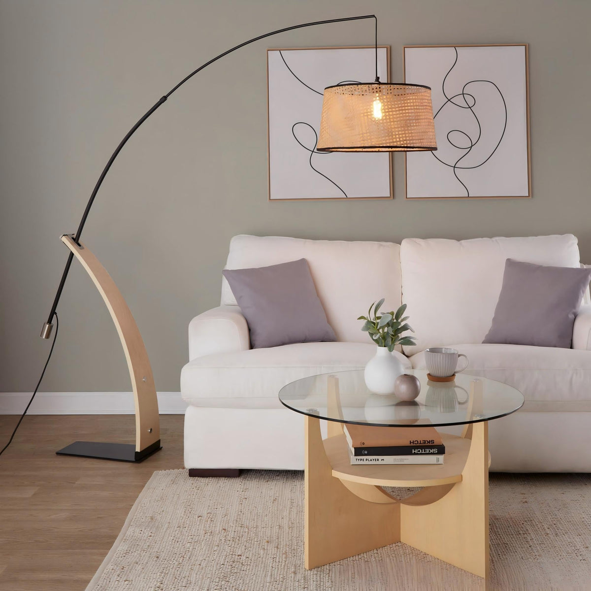 Robyn-salon Mid-Century Modern Floor Lamp in Natural Wood and Black Metal with Natural Rattan Shade by LumiSource - Sonkuki