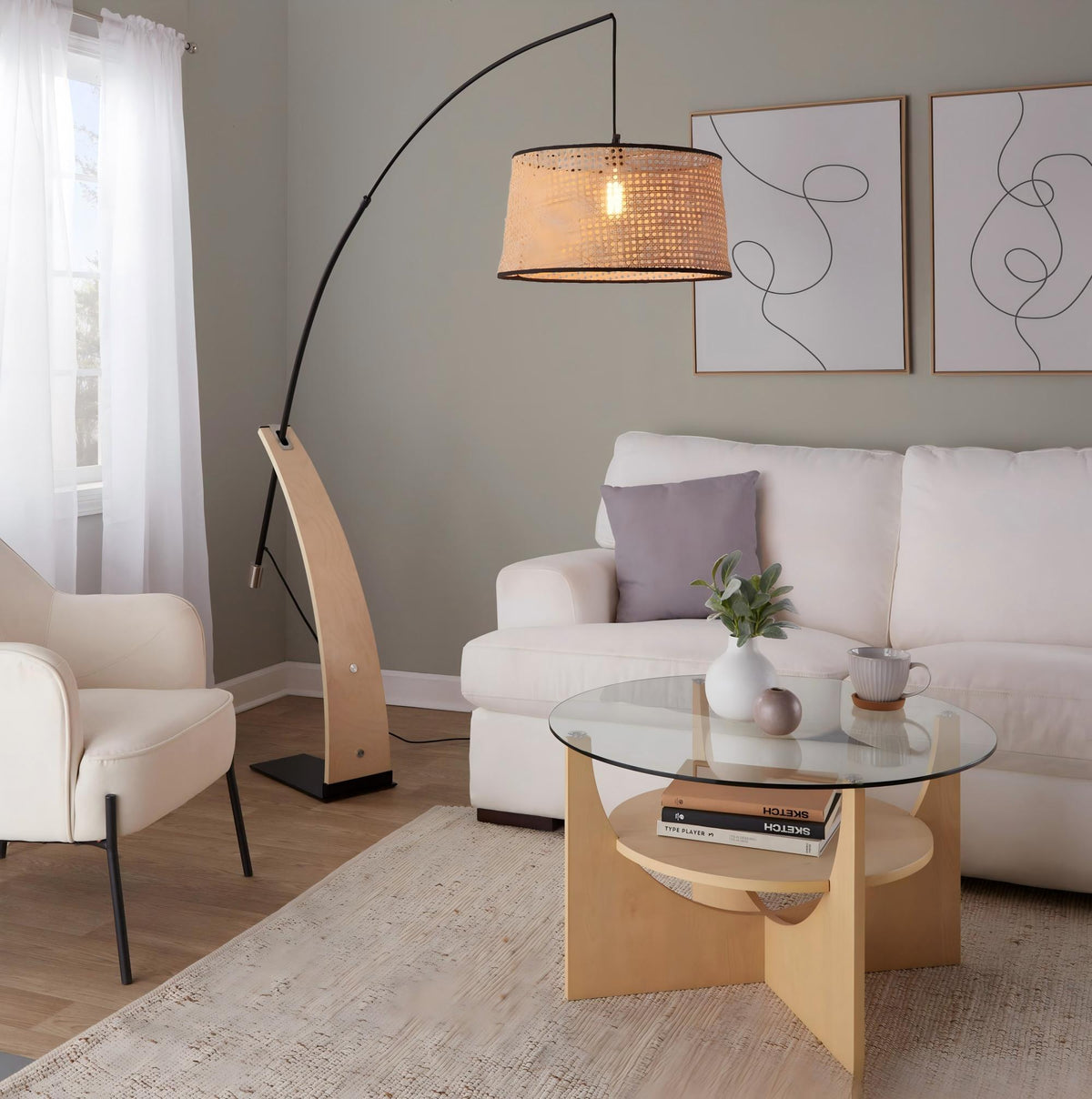 Robyn-salon Mid-Century Modern Floor Lamp in Natural Wood and Black Metal with Natural Rattan Shade by LumiSource - Sonkuki
