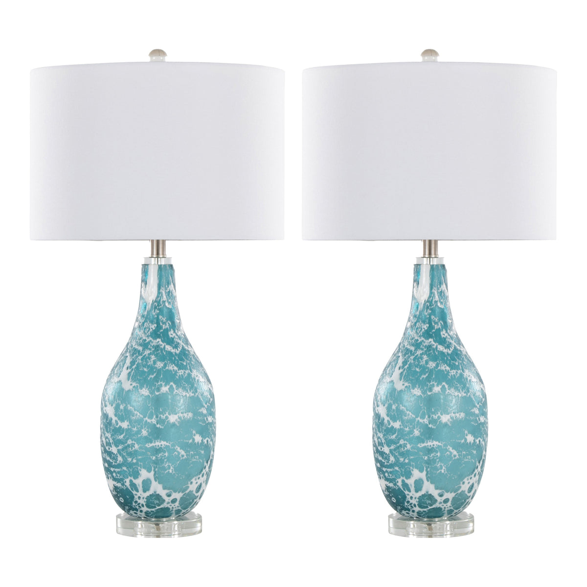 Rocca 29" Contemporary Glass Table Lamp in Sapphire Blue and White Glass, Brushed Nickel, Clear Crystal, and White Linen Shade by LumiSource - Set of 2 - Sonkuki