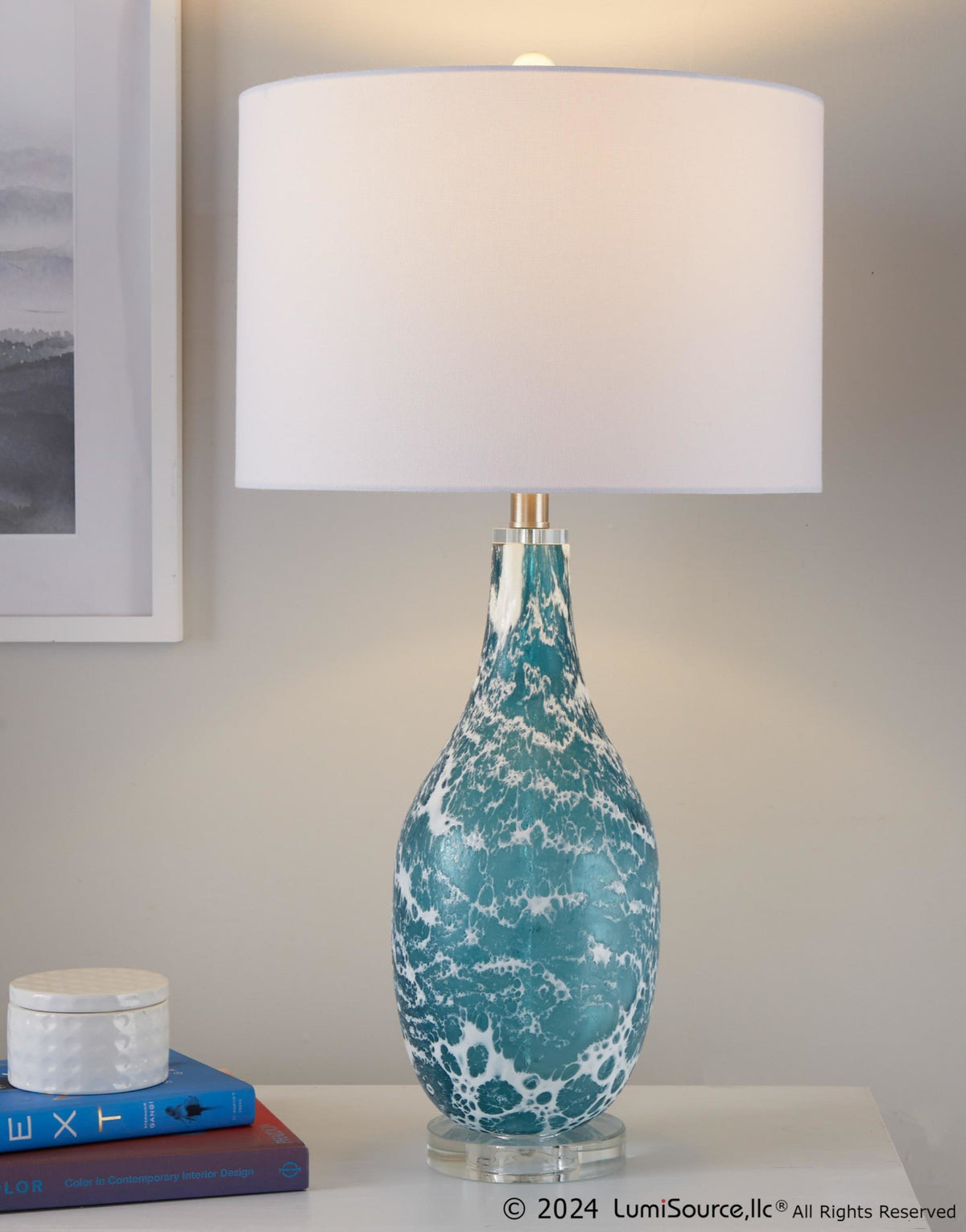 Rocca 29" Contemporary Glass Table Lamp in Sapphire Blue and White Glass, Brushed Nickel, Clear Crystal, and White Linen Shade by LumiSource - Set of 2 - Sonkuki