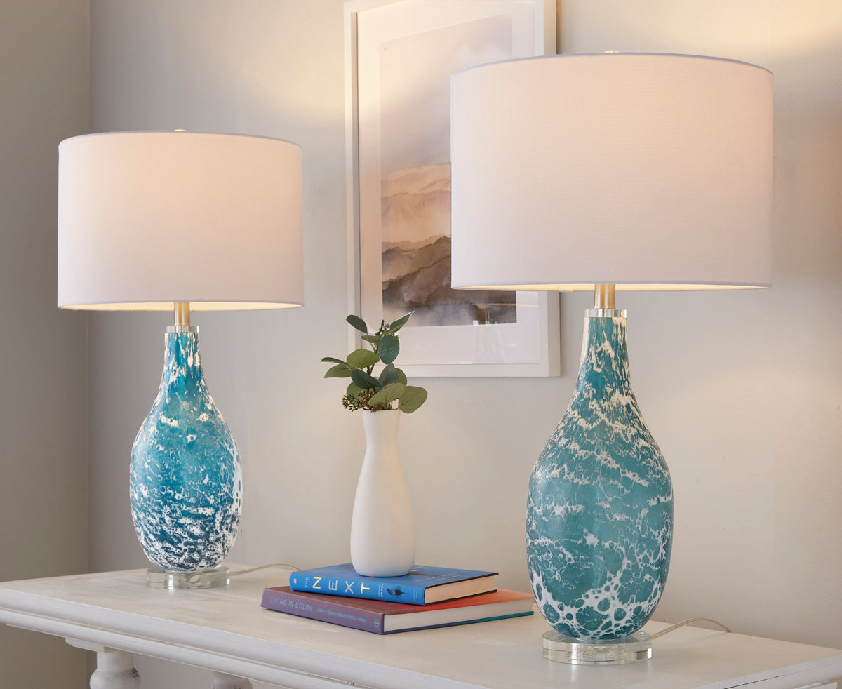 Rocca 29" Contemporary Glass Table Lamp in Sapphire Blue and White Glass, Brushed Nickel, Clear Crystal, and White Linen Shade by LumiSource - Set of 2 - Sonkuki