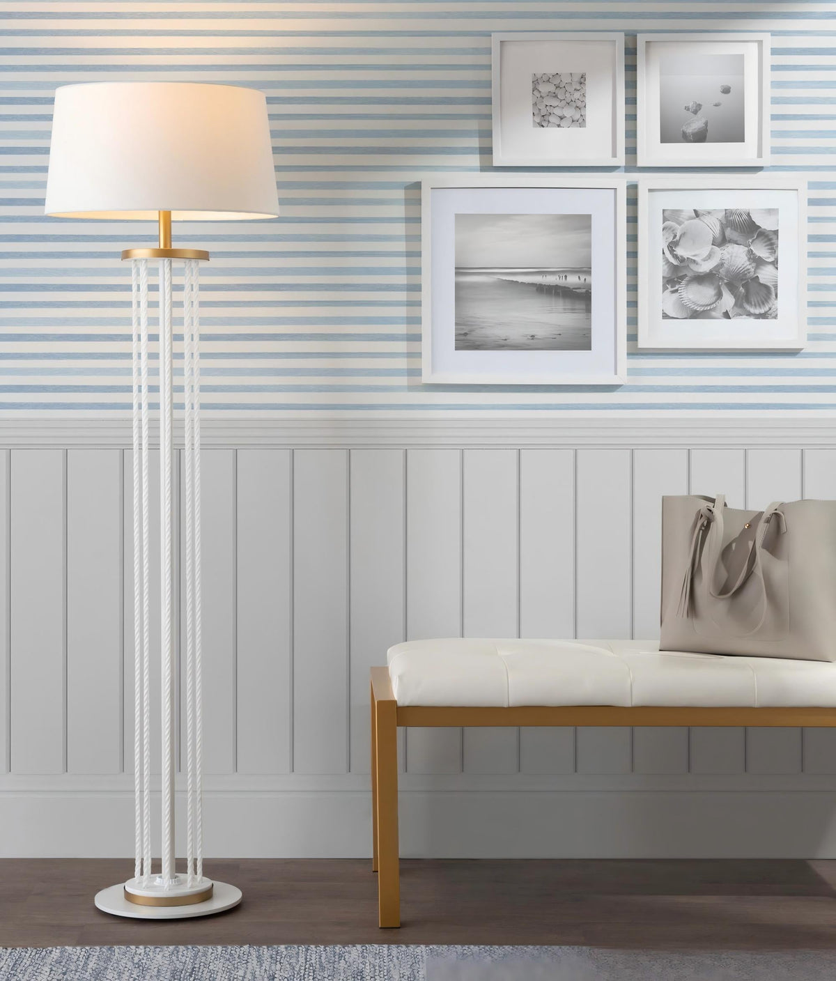 Rope 62" Contemporary Floor Lamp in Natural Wood, White Metal and White Rope Accent by LumiSource - Sonkuki