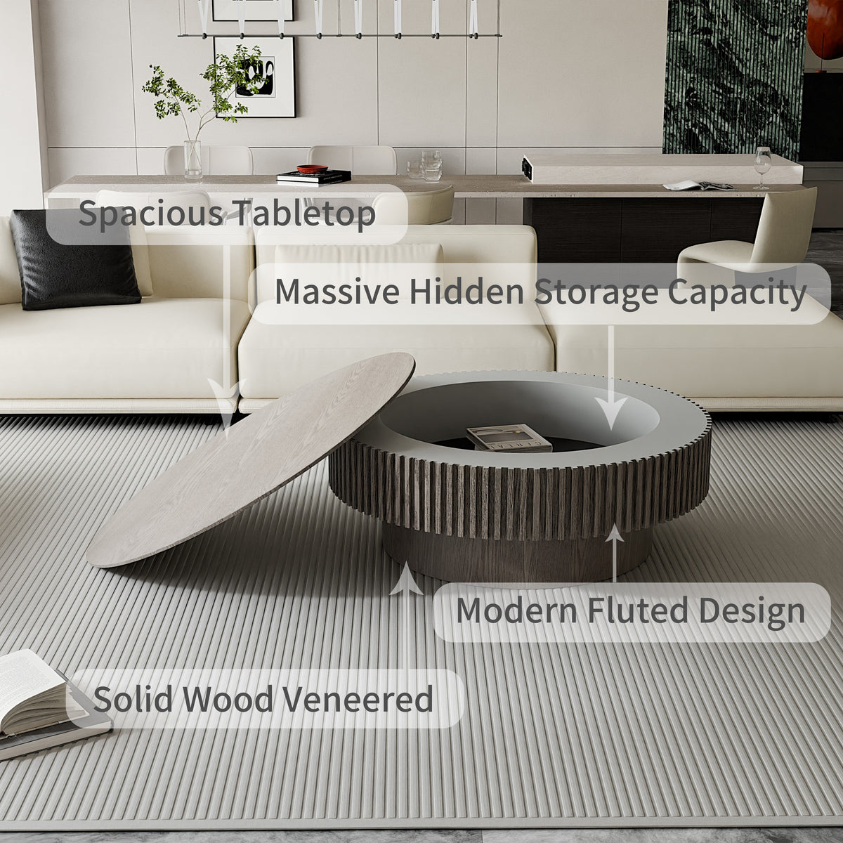 Round Coffee Table with Storage Solid Wood Veneered Modern Coffee Table Accent Tea Table - Sonkuki