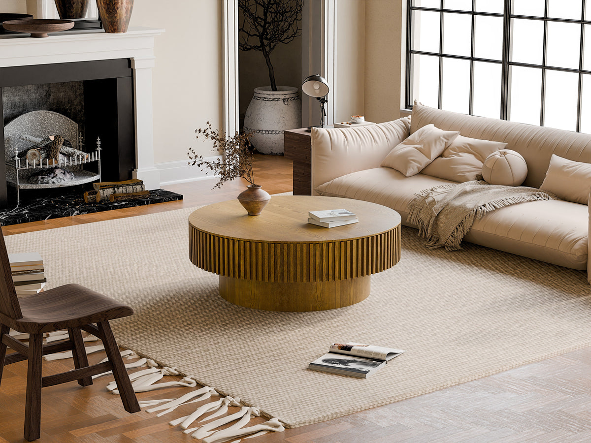Round Coffee Table with Storage Solid Wood Veneered Modern Coffee Table Accent Tea Table - Sonkuki