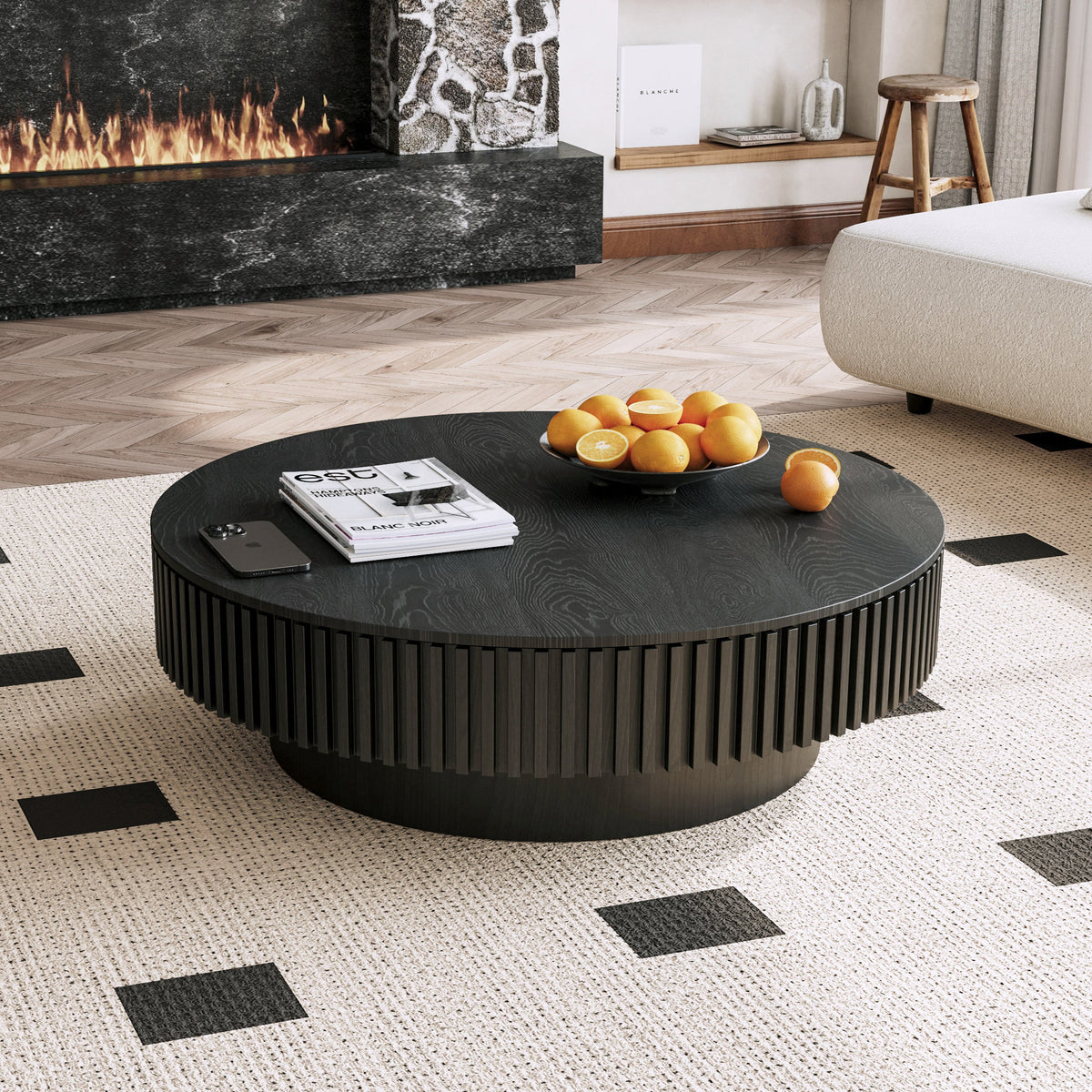 Round Coffee Table with Storage Solid Wood Veneered Modern Coffee Table Accent Tea Table - Sonkuki