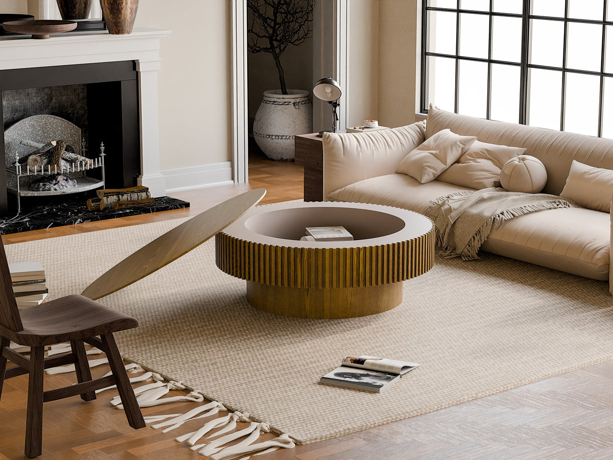 Round Coffee Table with Storage Solid Wood Veneered Modern Coffee Table Accent Tea Table - Sonkuki
