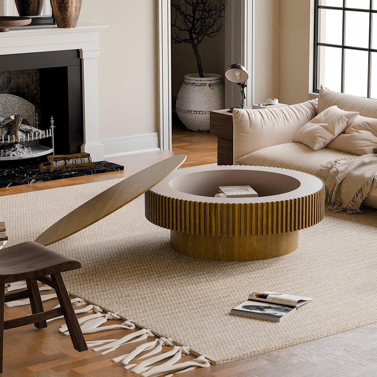 Round Coffee Table with Storage Solid Wood Veneered Modern Coffee Table Accent Tea Table - Sonkuki