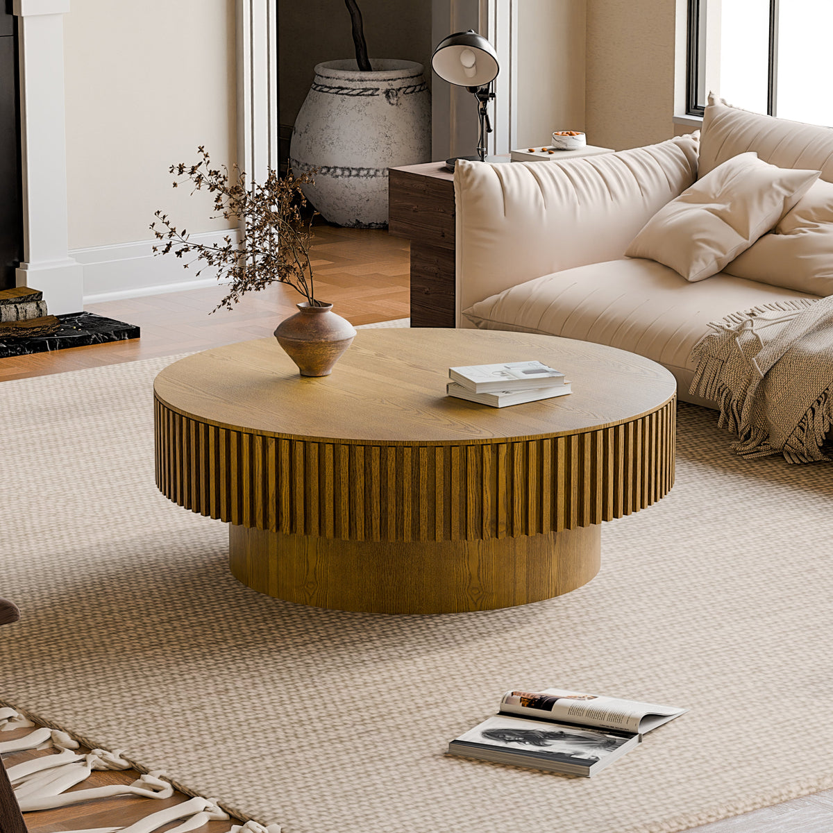 Round Coffee Table with Storage Solid Wood Veneered Modern Coffee Table Accent Tea Table - Sonkuki