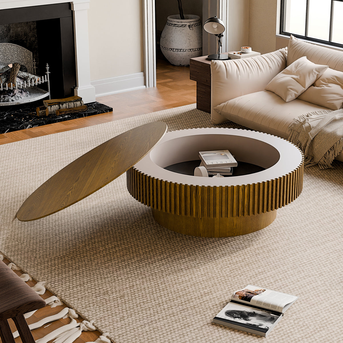 Round Coffee Table with Storage Solid Wood Veneered Modern Coffee Table Accent Tea Table - Sonkuki