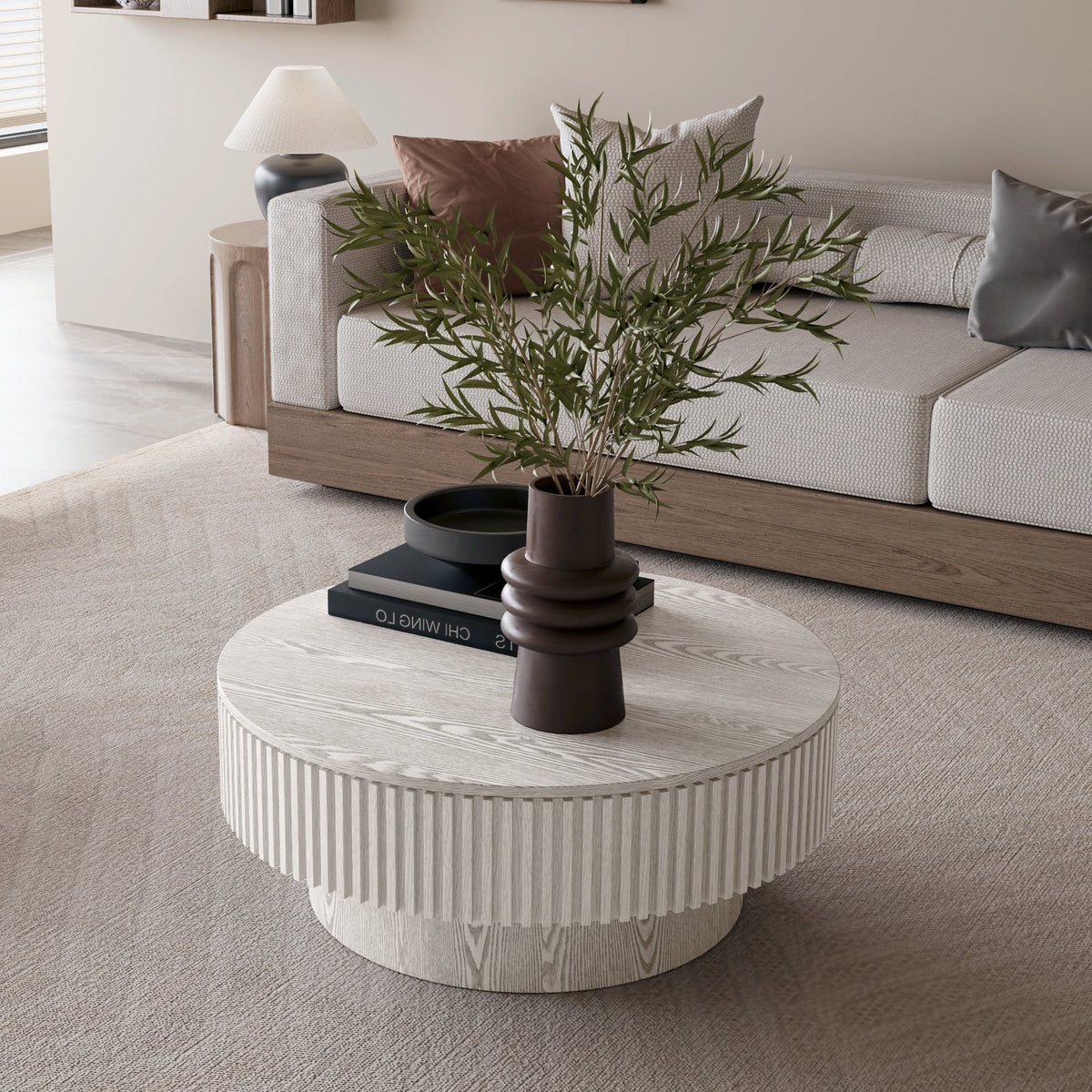 Round Coffee Table with Storage Solid Wood Veneered Modern Coffee Table Accent Tea Table - Sonkuki