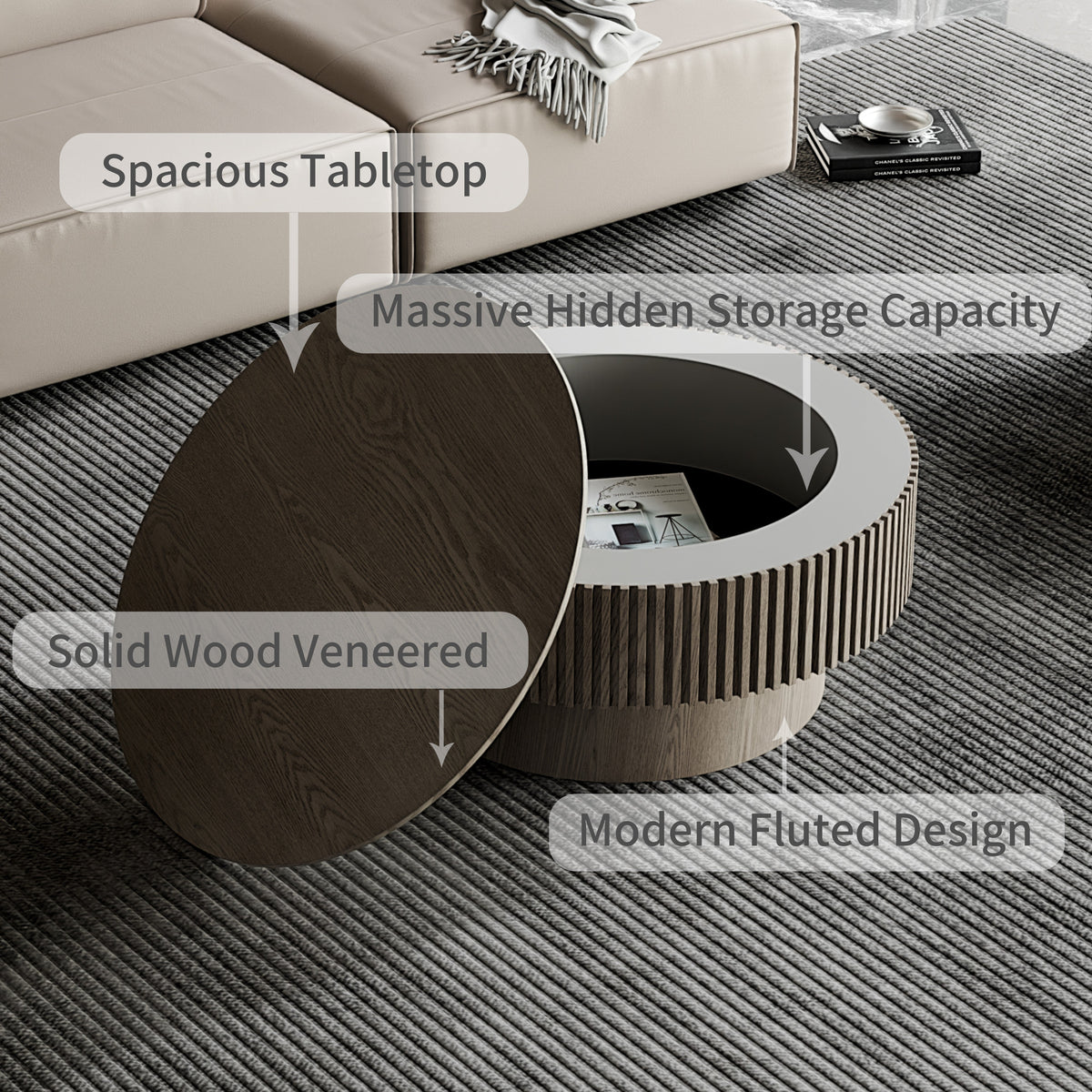 Round Coffee Table with Storage Solid Wood Veneered Modern Coffee Table Accent Tea Table - Sonkuki