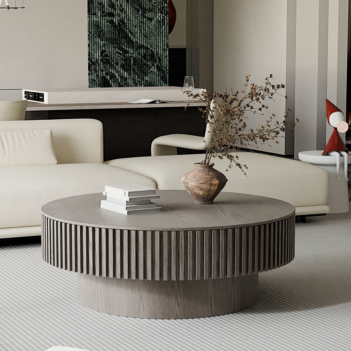 Round Coffee Table with Storage Solid Wood Veneered Modern Coffee Table Accent Tea Table - Sonkuki