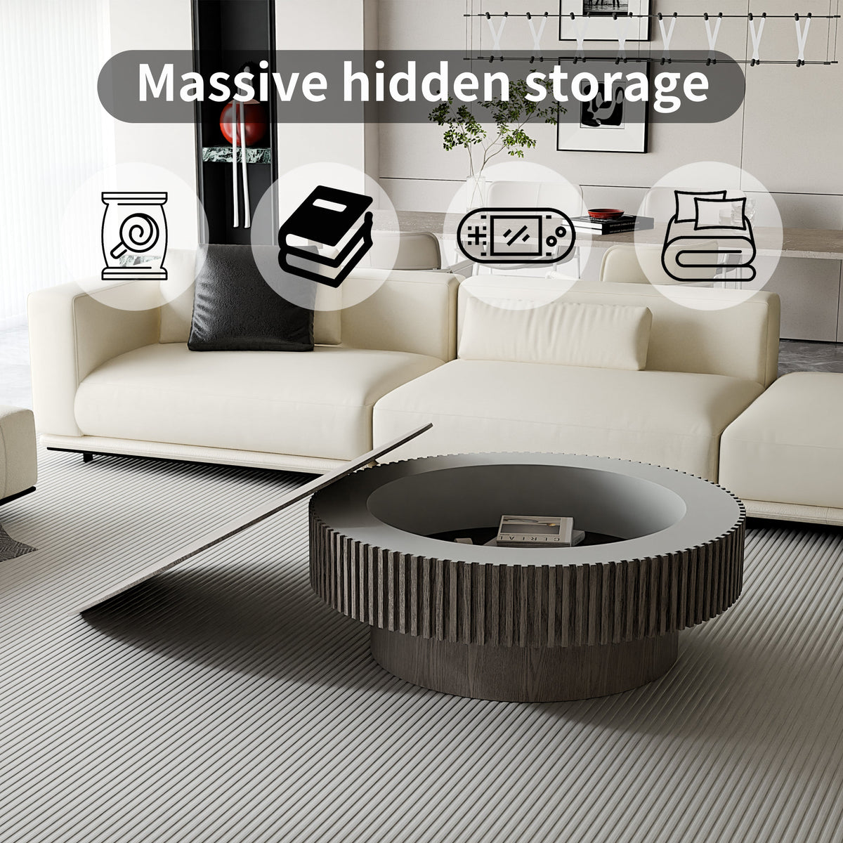 Round Coffee Table with Storage Solid Wood Veneered Modern Coffee Table Accent Tea Table - Sonkuki