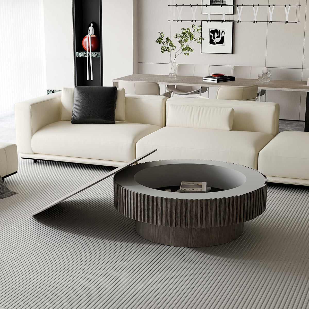 Round Coffee Table with Storage Solid Wood Veneered Modern Coffee Table Accent Tea Table - Sonkuki