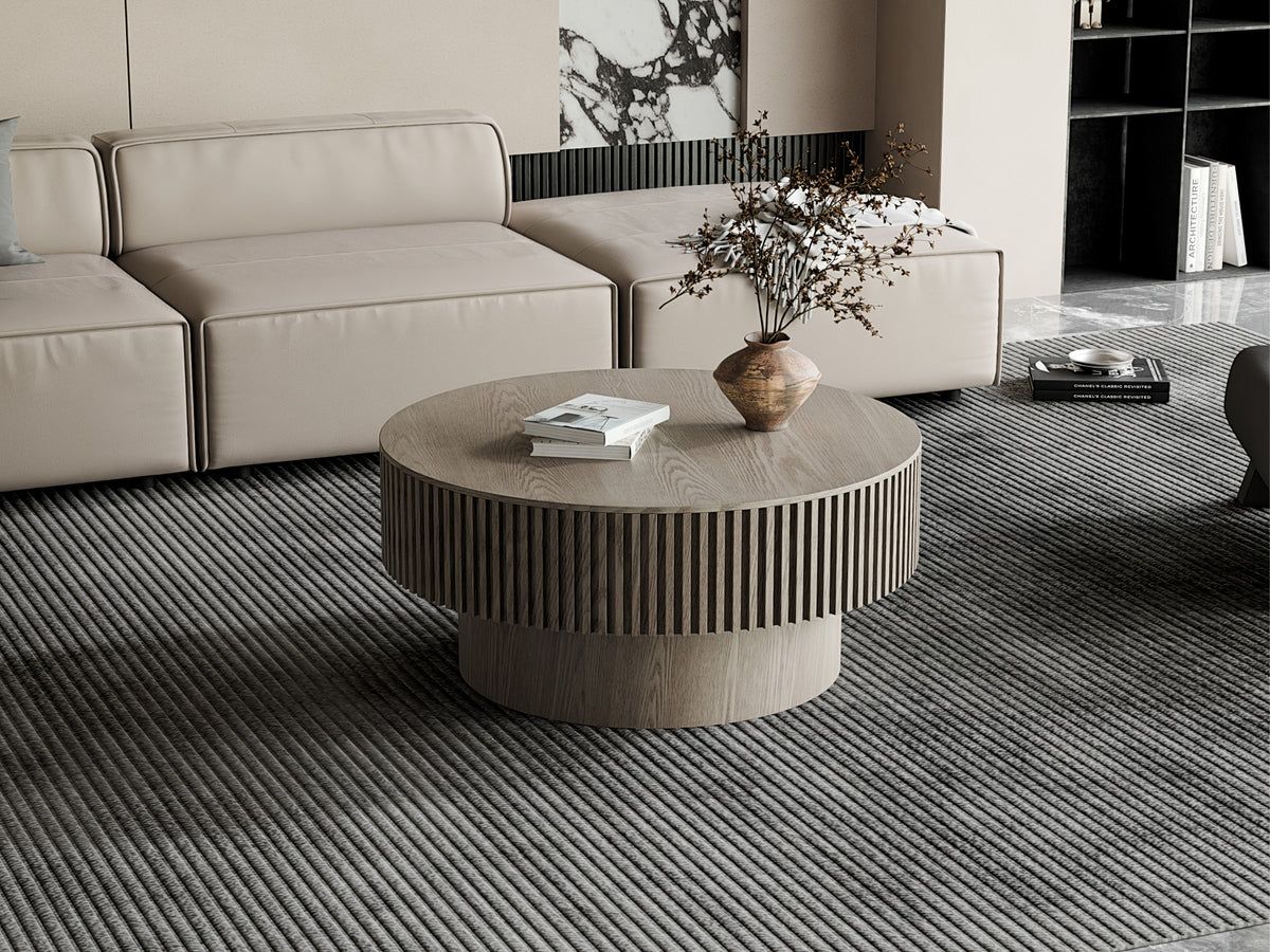 Round Coffee Table with Storage Solid Wood Veneered Modern Coffee Table Accent Tea Table - Sonkuki
