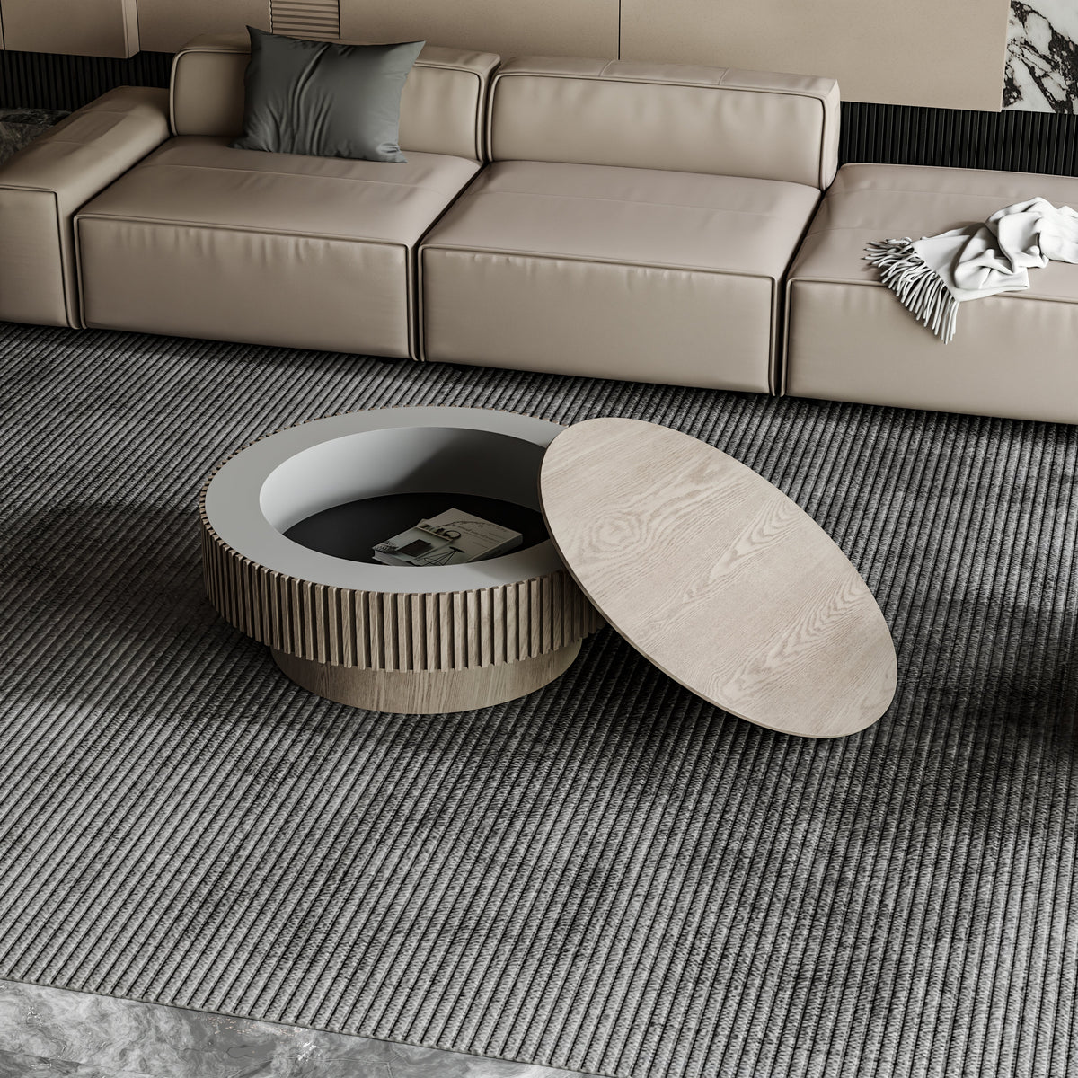 Round Coffee Table with Storage Solid Wood Veneered Modern Coffee Table Accent Tea Table - Sonkuki