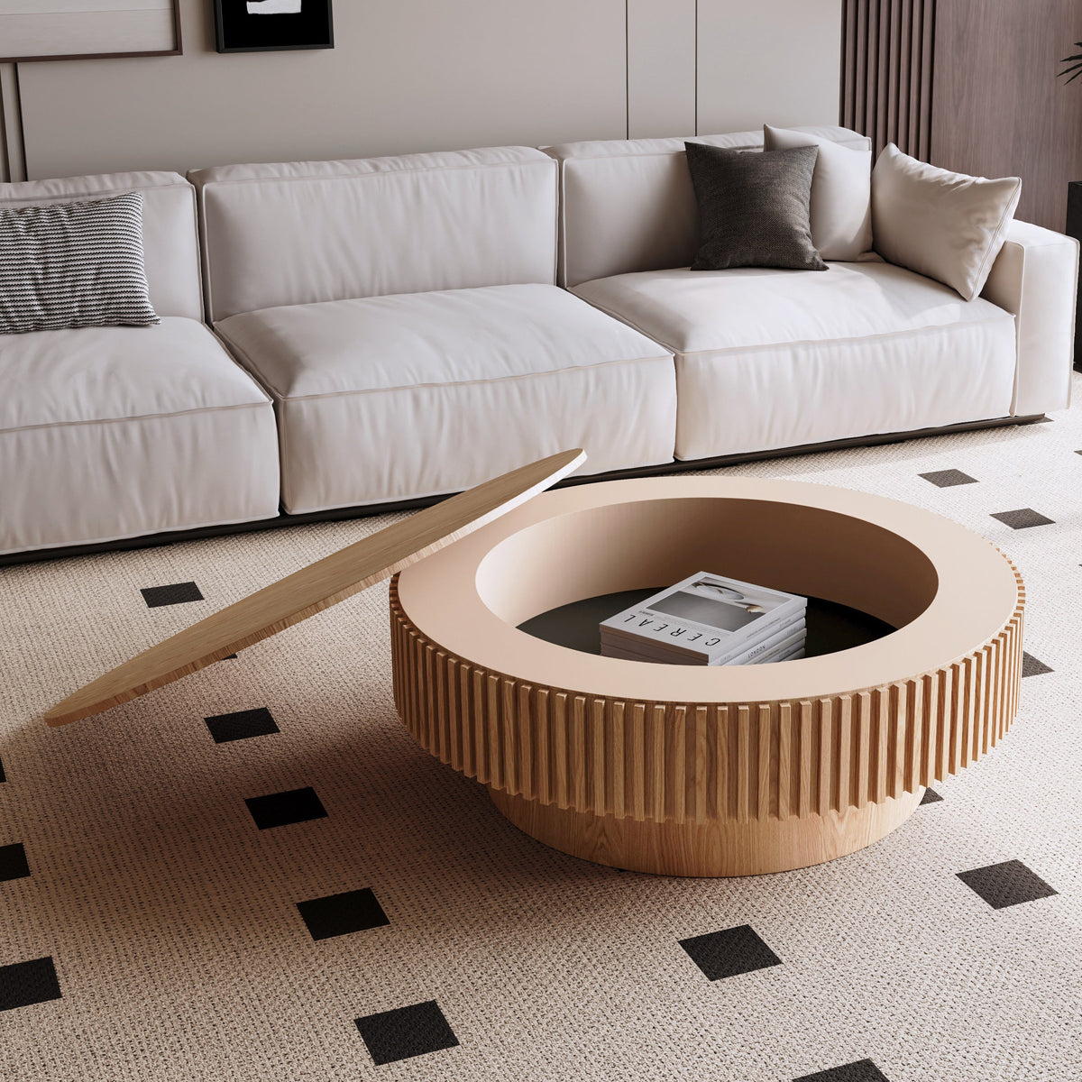 Round Coffee Table with Storage Solid Wood Veneered Modern Coffee Table Accent Tea Table - Sonkuki