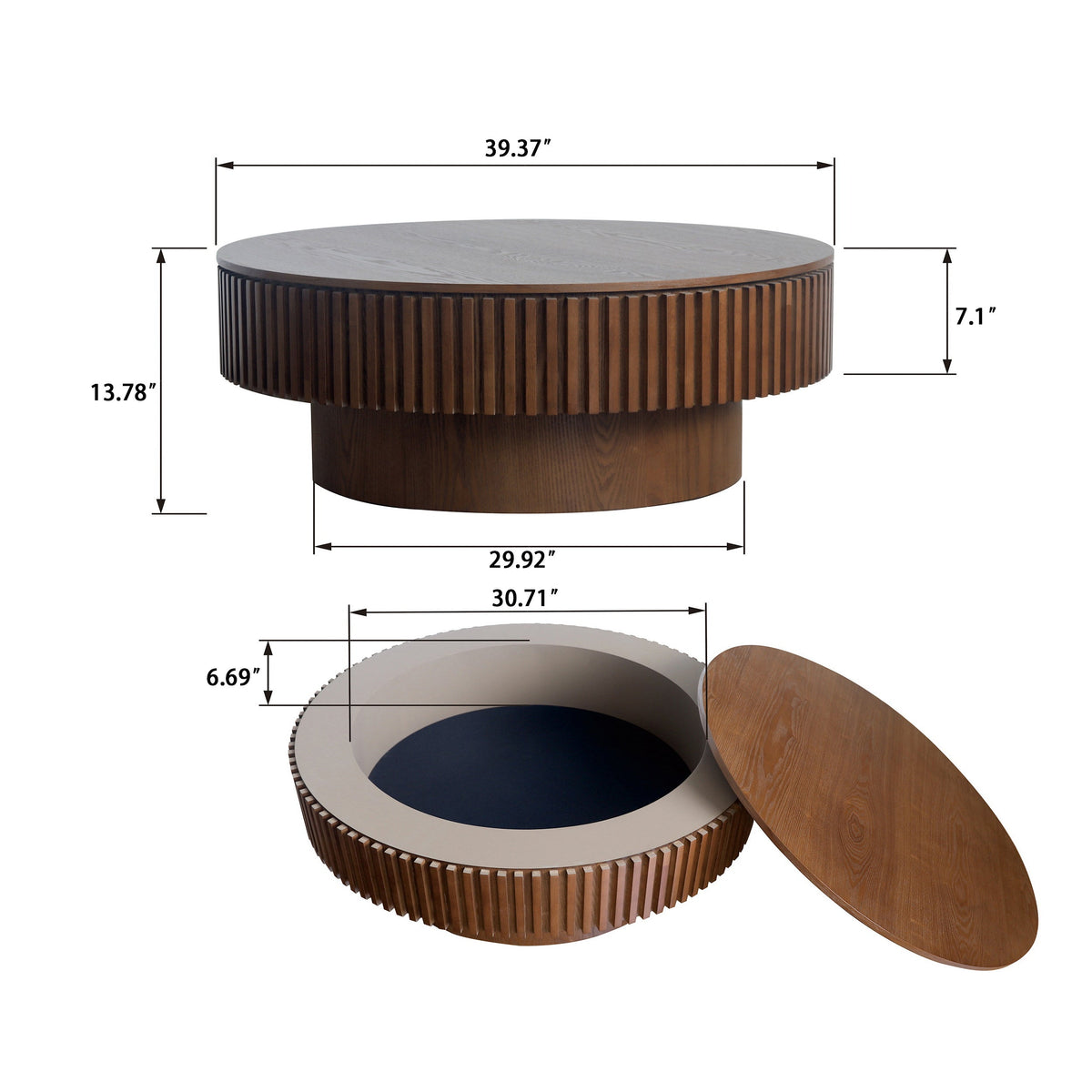 Round Coffee Table with Storage Solid Wood Veneered Modern Coffee Table Accent Tea Table - Sonkuki