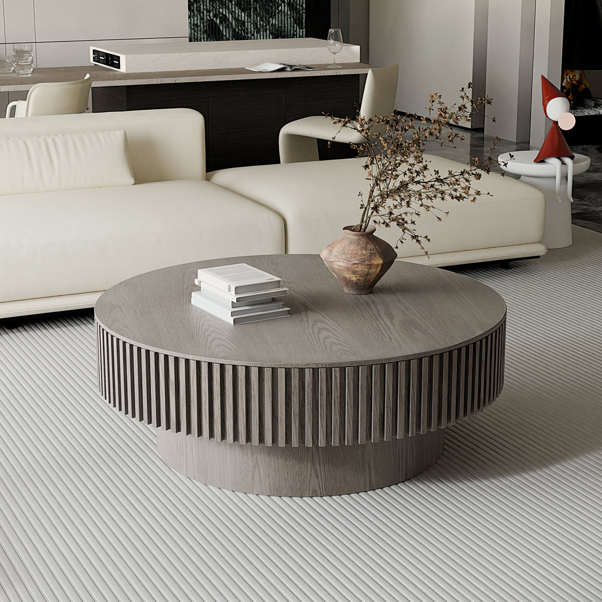 Round Coffee Table with Storage Solid Wood Veneered Modern Coffee Table Accent Tea Table - Sonkuki