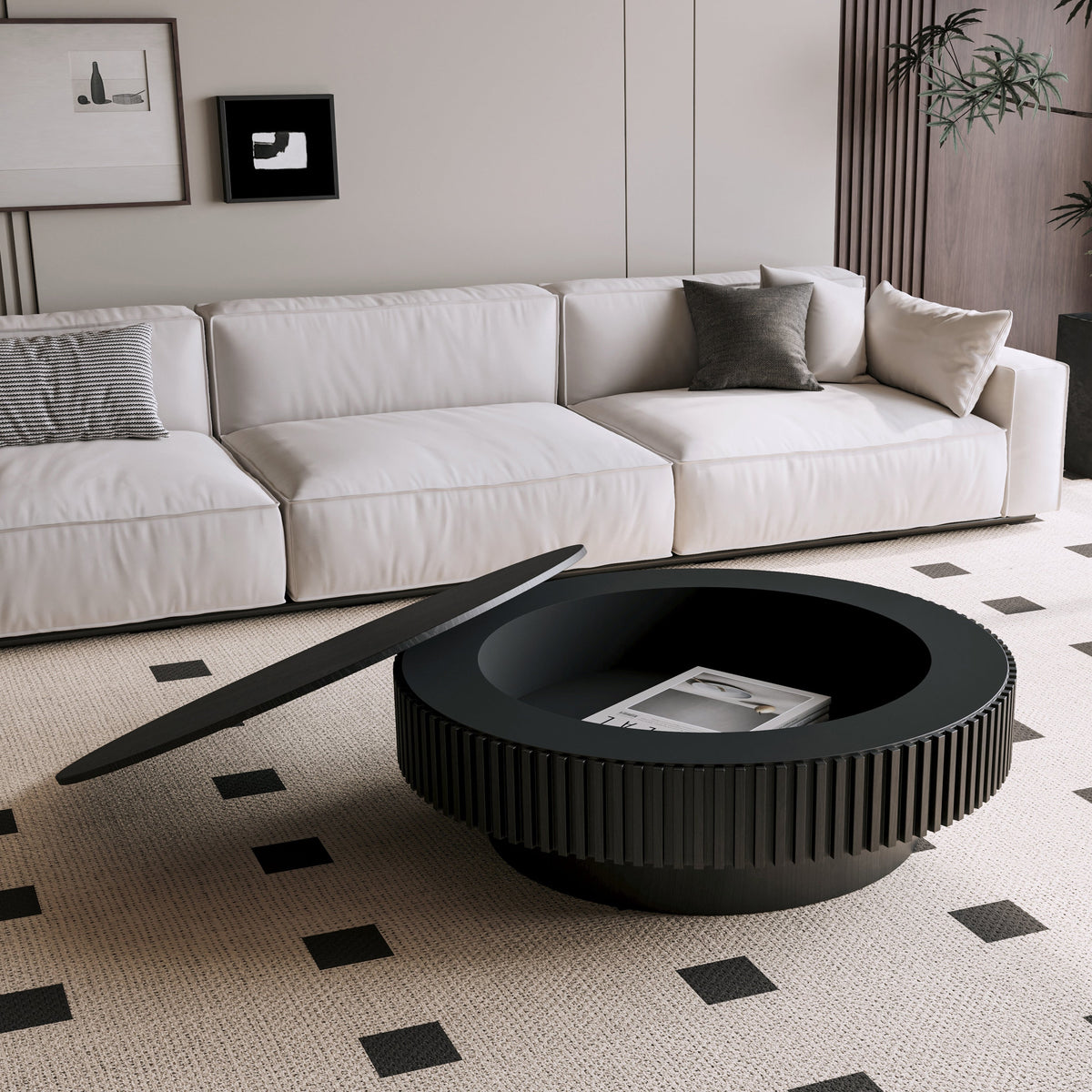 Round Coffee Table with Storage Solid Wood Veneered Modern Coffee Table Accent Tea Table - Sonkuki