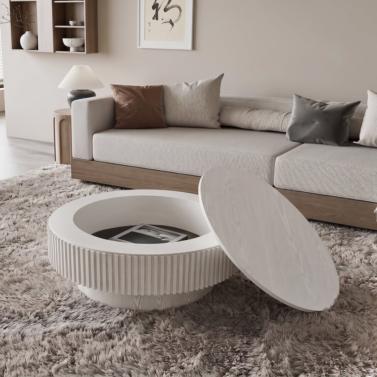 Round Coffee Table with Storage Solid Wood Veneered Modern Coffee Table Accent Tea Table - Sonkuki