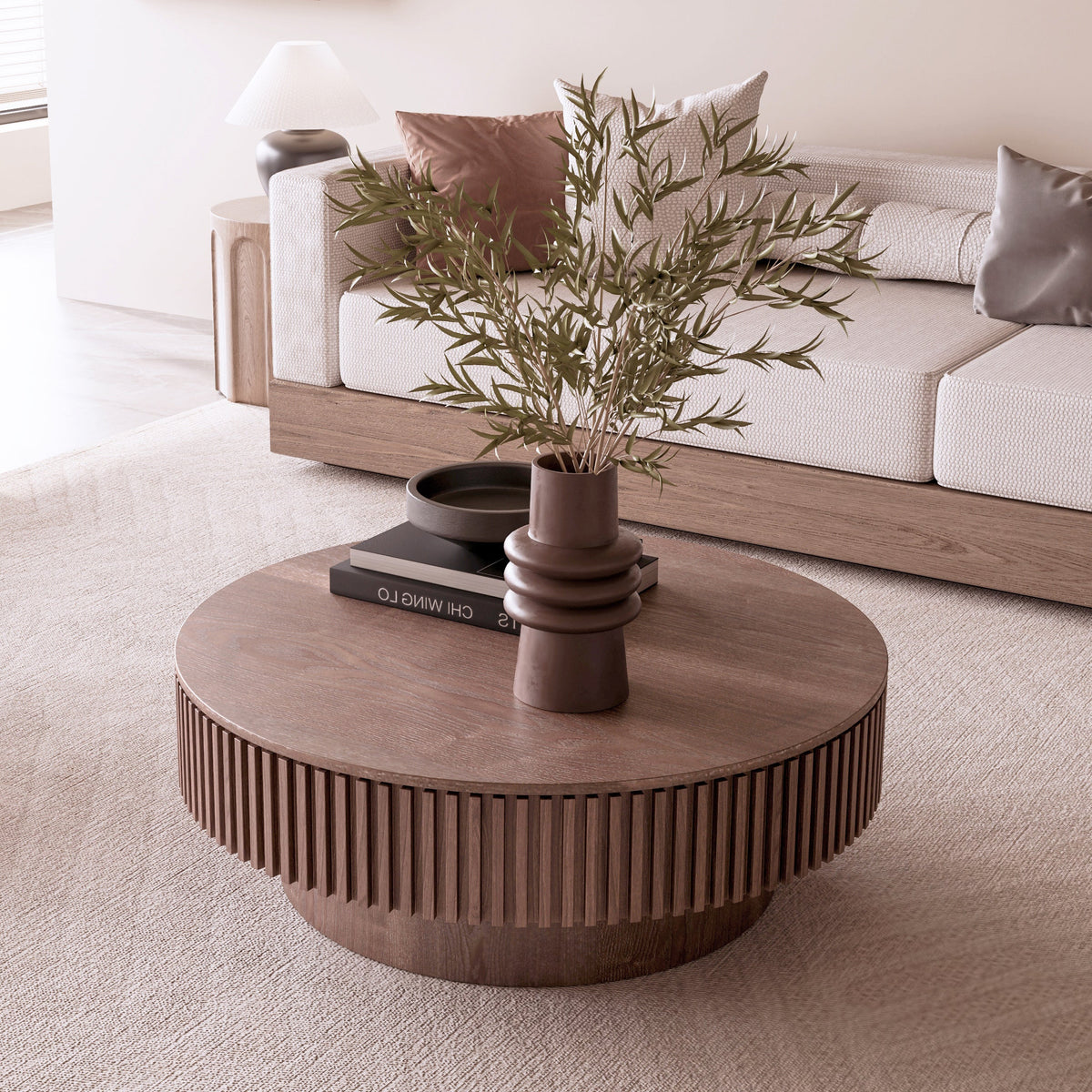 Round Coffee Table with Storage Solid Wood Veneered Modern Coffee Table Accent Tea Table - Sonkuki