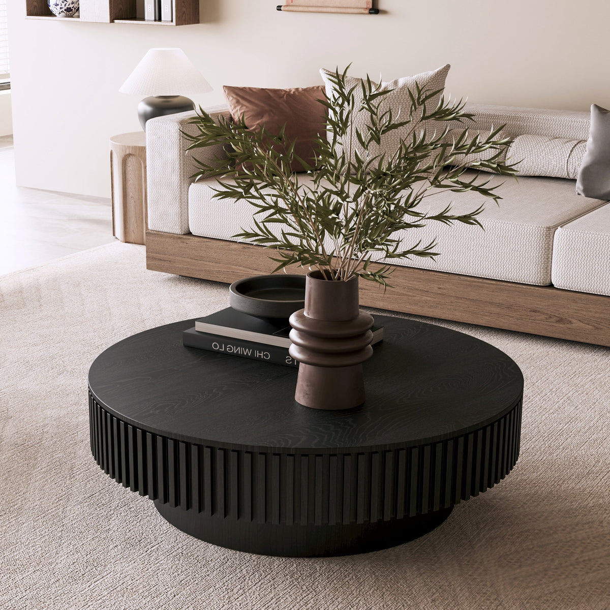 Round Coffee Table with Storage Solid Wood Veneered Modern Coffee Table Accent Tea Table - Sonkuki