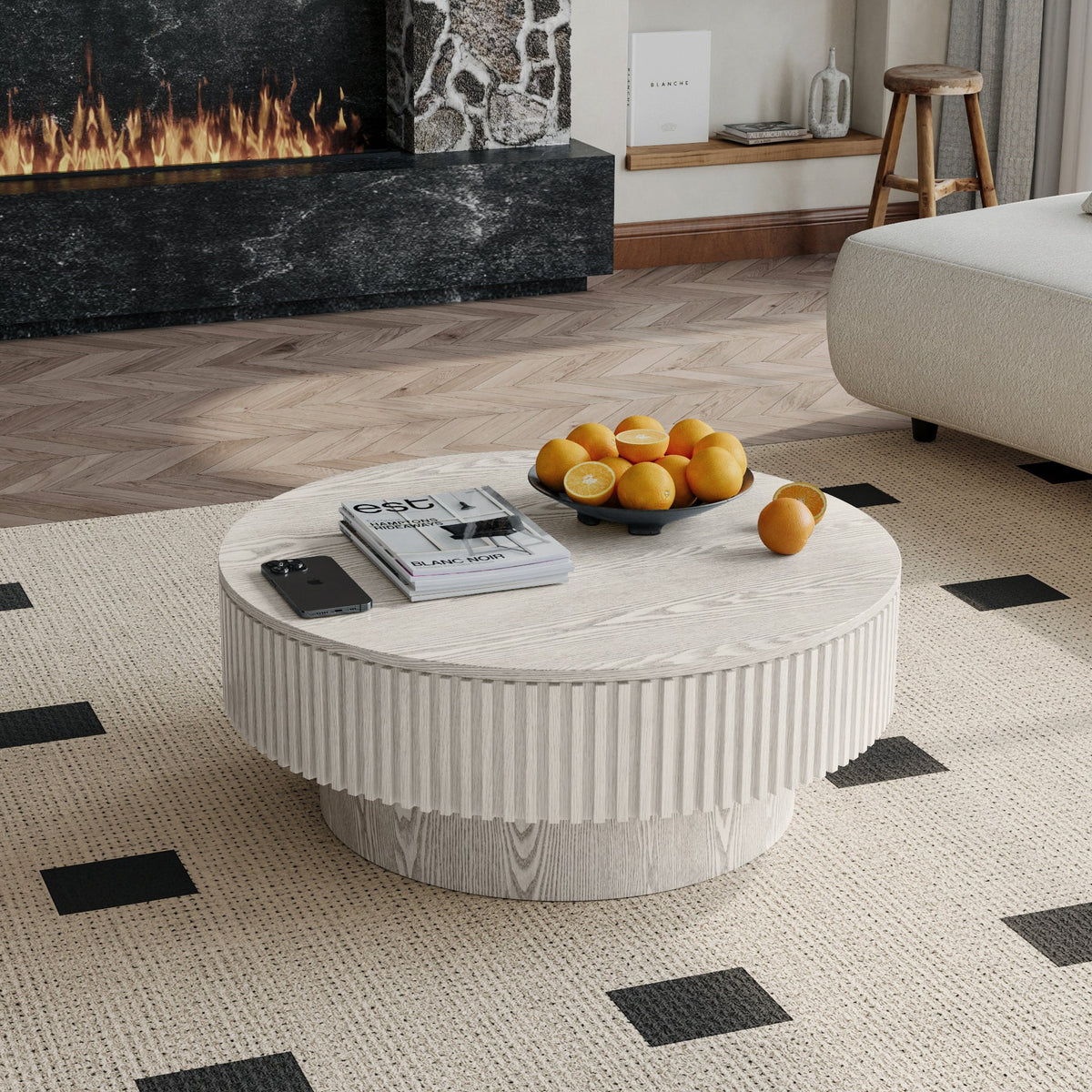 Round Coffee Table with Storage Solid Wood Veneered Modern Coffee Table Accent Tea Table - Sonkuki