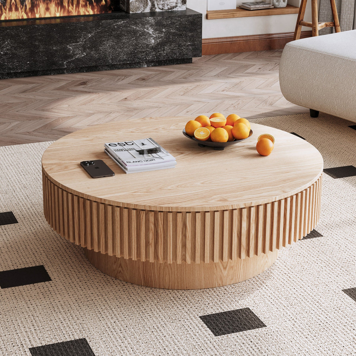 Round Coffee Table with Storage Solid Wood Veneered Modern Coffee Table Accent Tea Table - Sonkuki