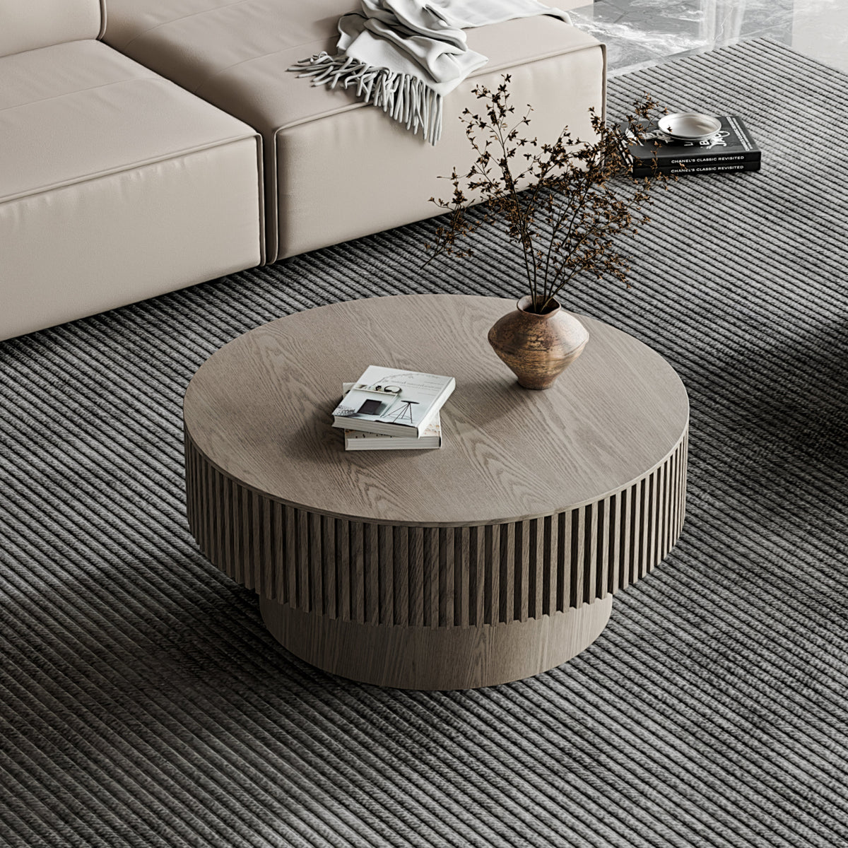 Round Coffee Table with Storage Solid Wood Veneered Modern Coffee Table Accent Tea Table - Sonkuki