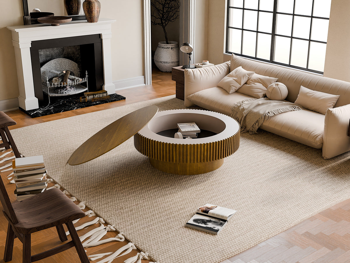 Round Coffee Table with Storage Solid Wood Veneered Modern Coffee Table Accent Tea Table - Sonkuki