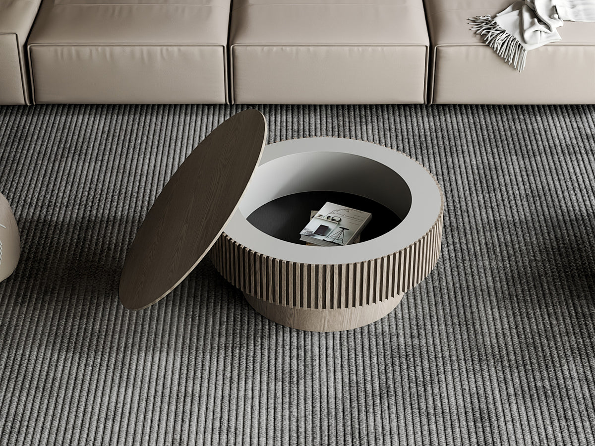 Round Coffee Table with Storage Solid Wood Veneered Modern Coffee Table Accent Tea Table - Sonkuki
