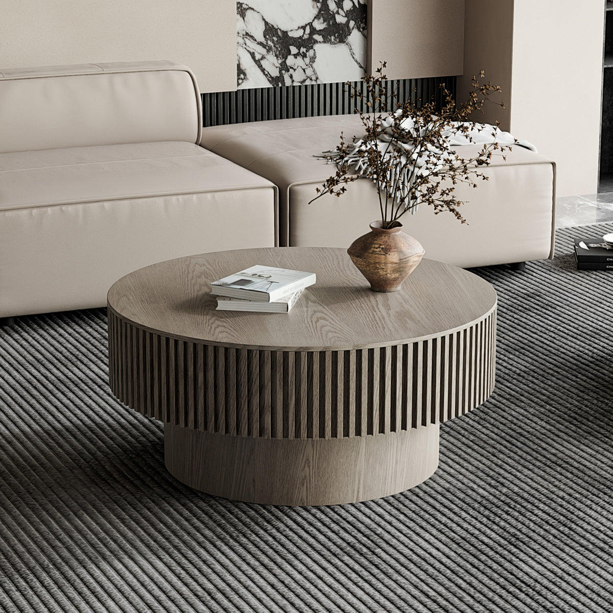 Round Coffee Table with Storage Solid Wood Veneered Modern Coffee Table Accent Tea Table - Sonkuki