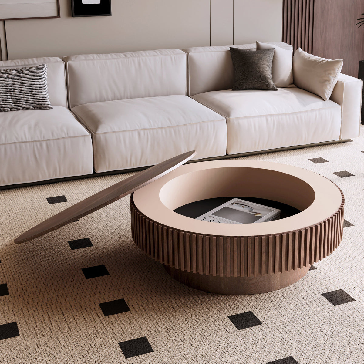 Round Coffee Table with Storage Solid Wood Veneered Modern Coffee Table Accent Tea Table - Sonkuki