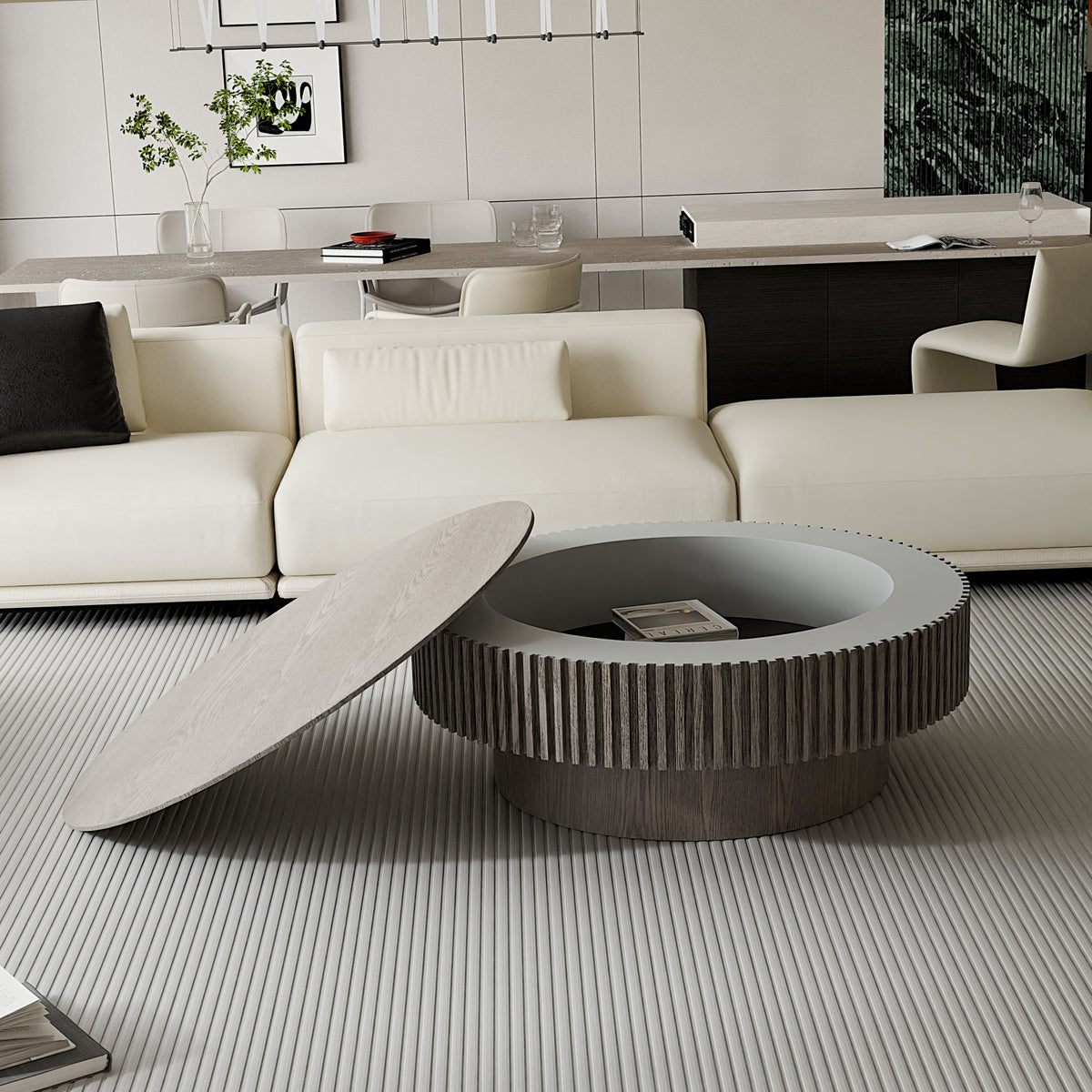 Round Coffee Table with Storage Solid Wood Veneered Modern Coffee Table Accent Tea Table - Sonkuki