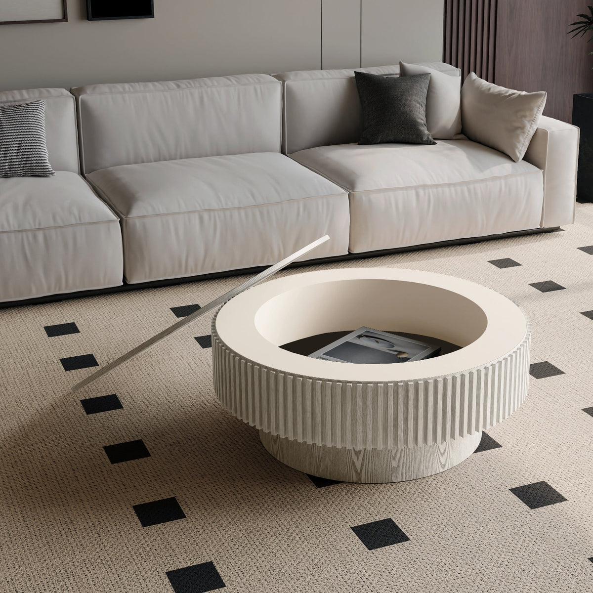 Round Coffee Table with Storage Solid Wood Veneered Modern Coffee Table Accent Tea Table - Sonkuki