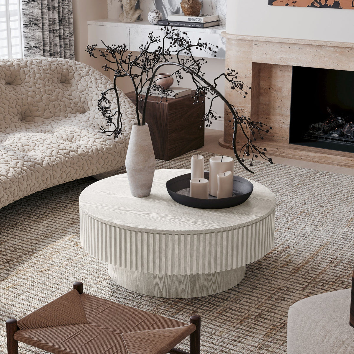 Round Coffee Table with Storage Solid Wood Veneered Modern Coffee Table Accent Tea Table - Sonkuki