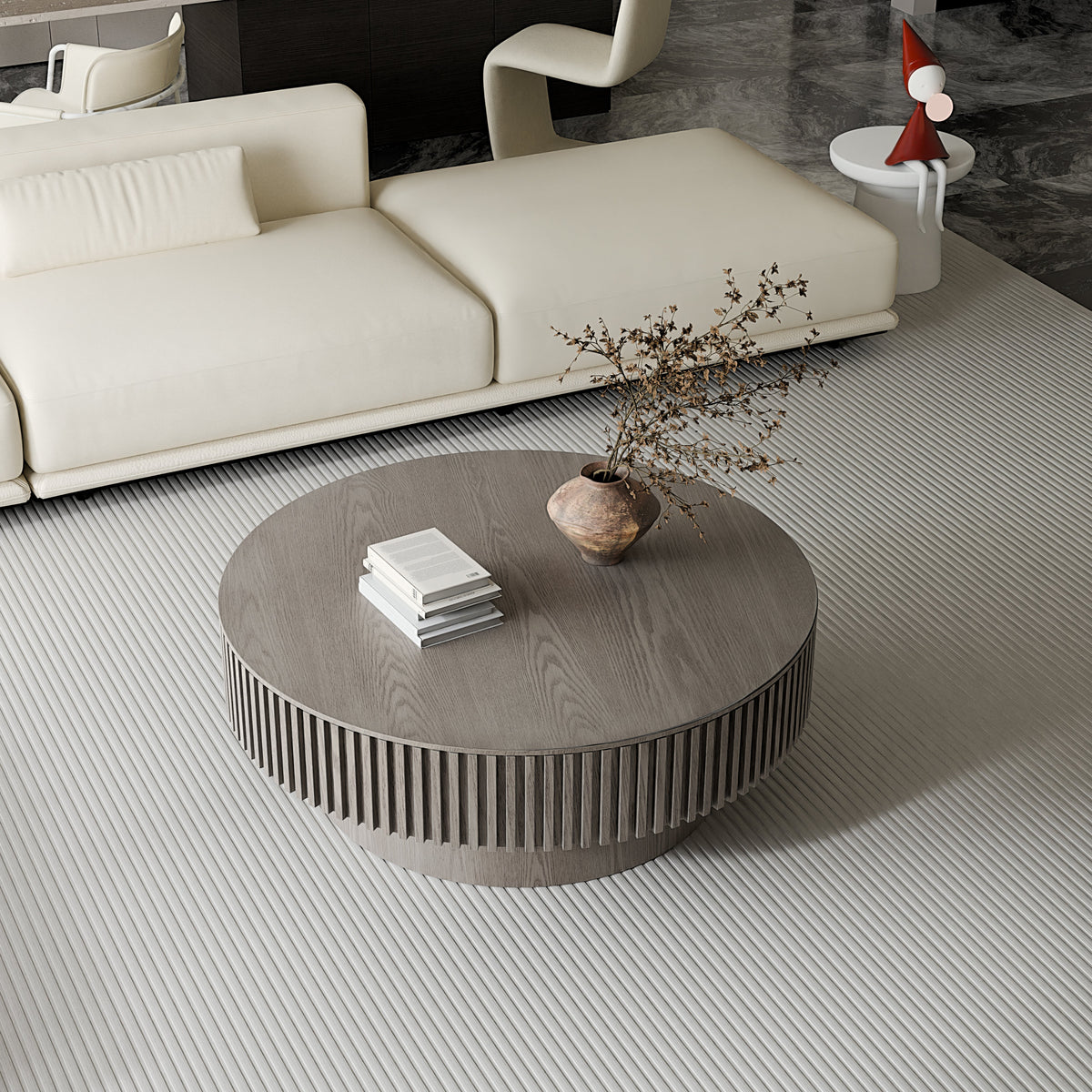 Round Coffee Table with Storage Solid Wood Veneered Modern Coffee Table Accent Tea Table - Sonkuki
