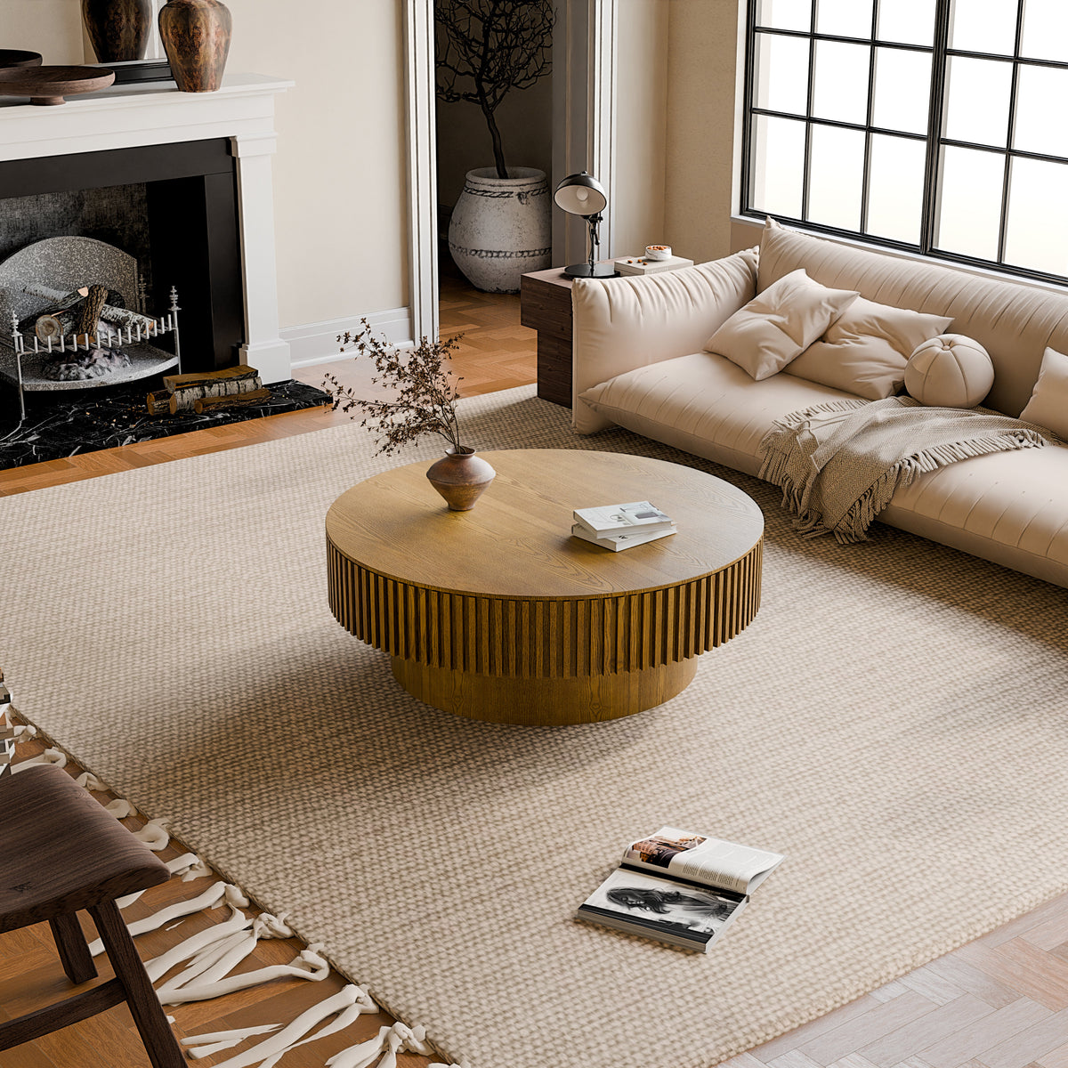 Round Coffee Table with Storage Solid Wood Veneered Modern Coffee Table Accent Tea Table - Sonkuki