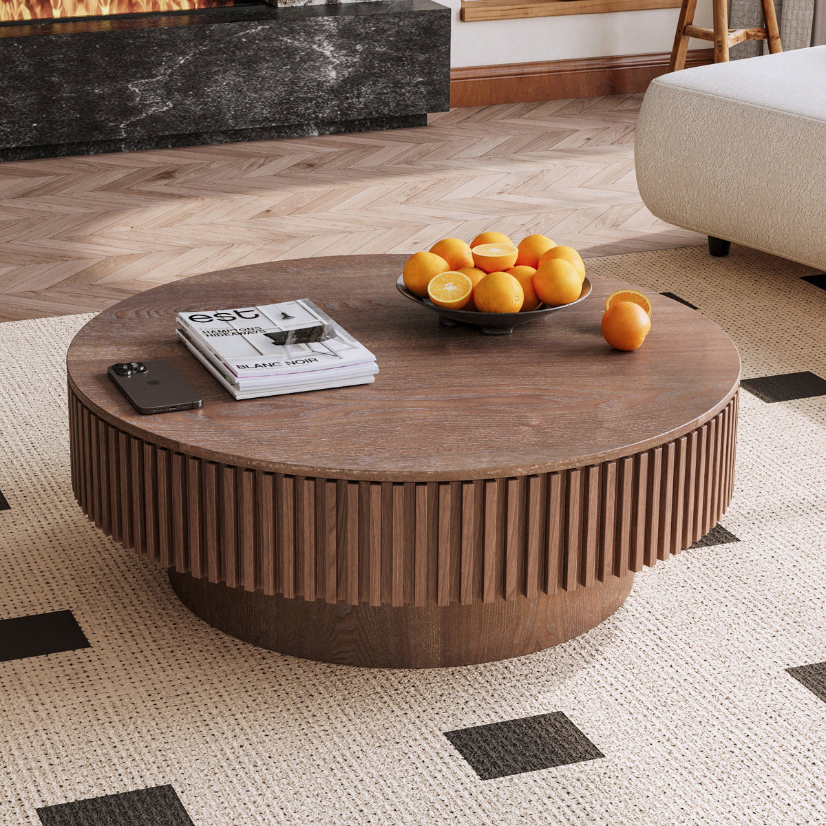 Round Coffee Table with Storage Solid Wood Veneered Modern Coffee Table Accent Tea Table - Sonkuki