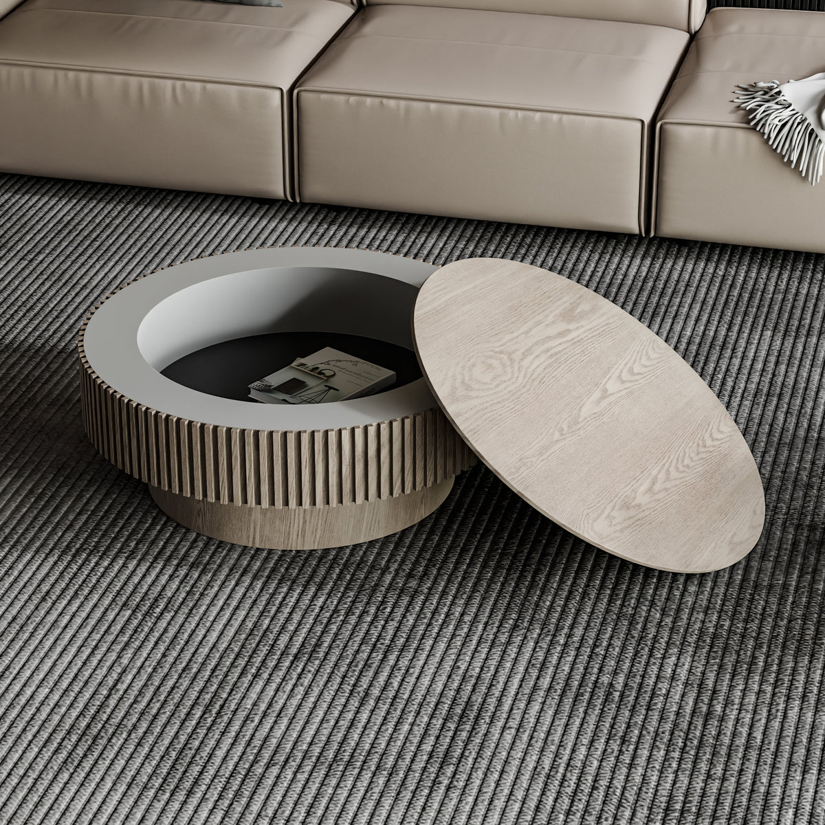 Round Coffee Table with Storage Solid Wood Veneered Modern Coffee Table Accent Tea Table - Sonkuki