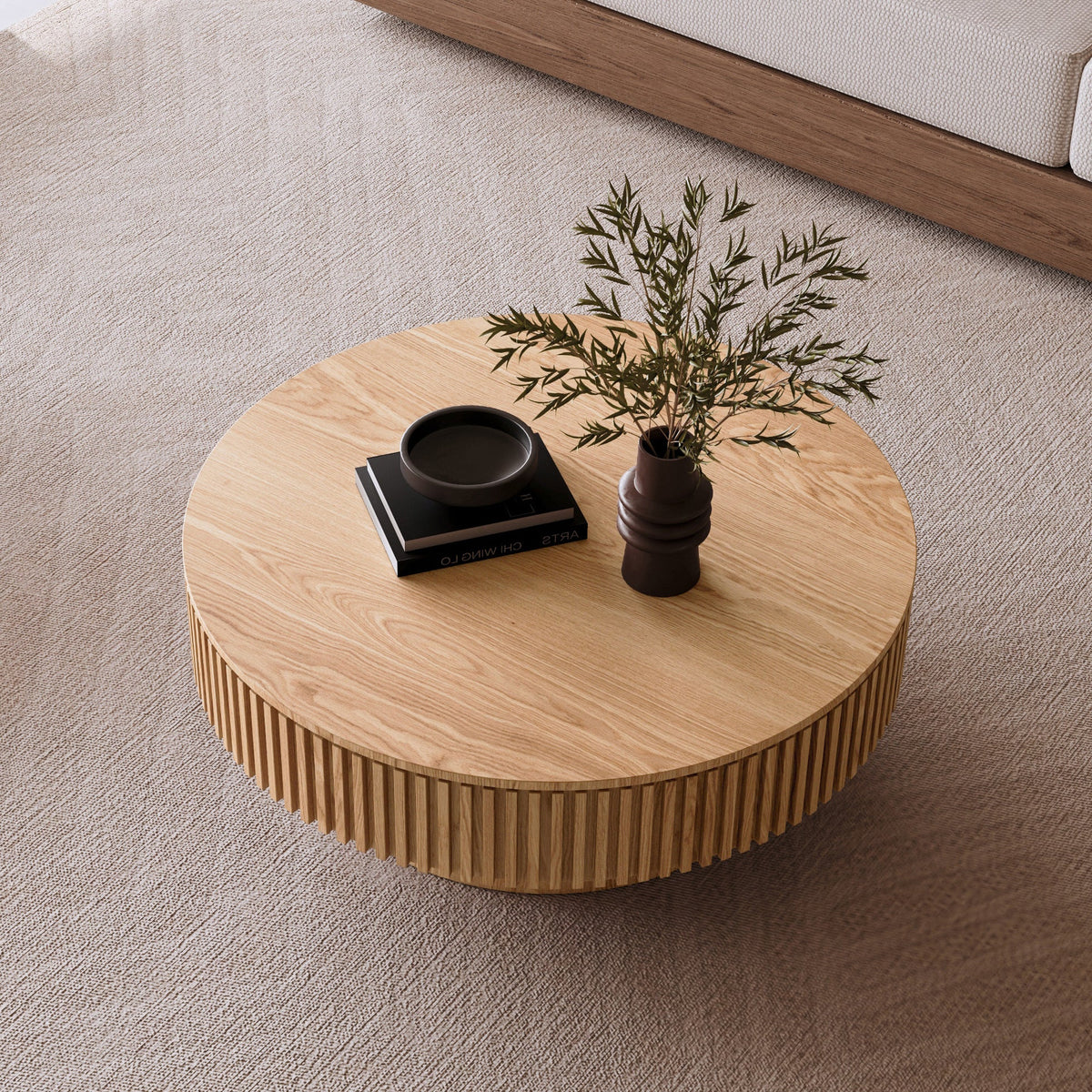 Round Coffee Table with Storage Solid Wood Veneered Modern Coffee Table Accent Tea Table - Sonkuki