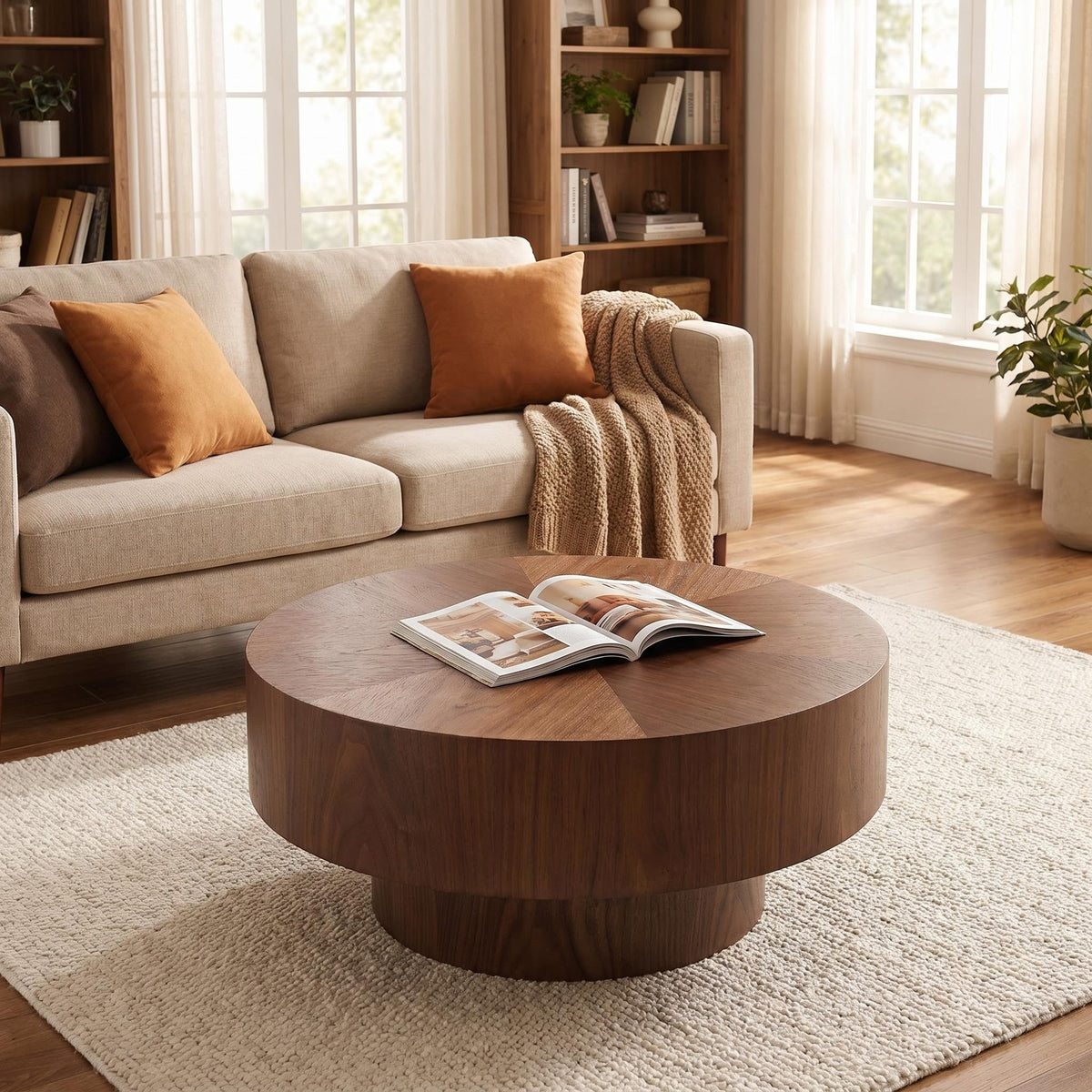 Round Wood 31.49 inch Coffee table for Living Room Table Walnut Suitable for Bedroom, Living Room, Office - Sonkuki