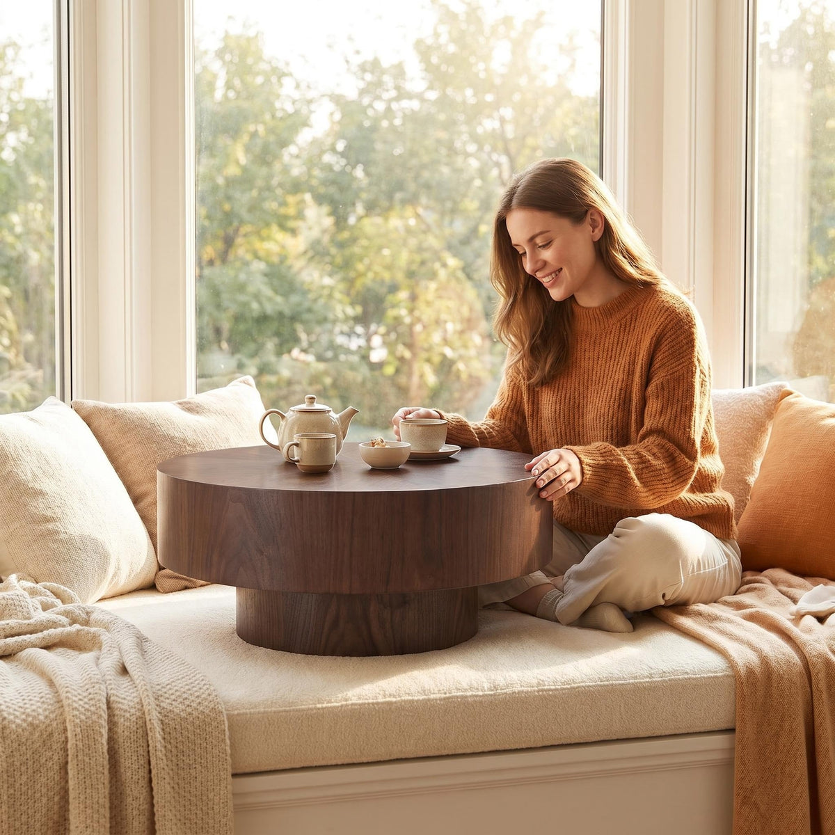 Round Wood 31.49 inch Coffee table for Living Room Table Walnut Suitable for Bedroom, Living Room, Office - Sonkuki