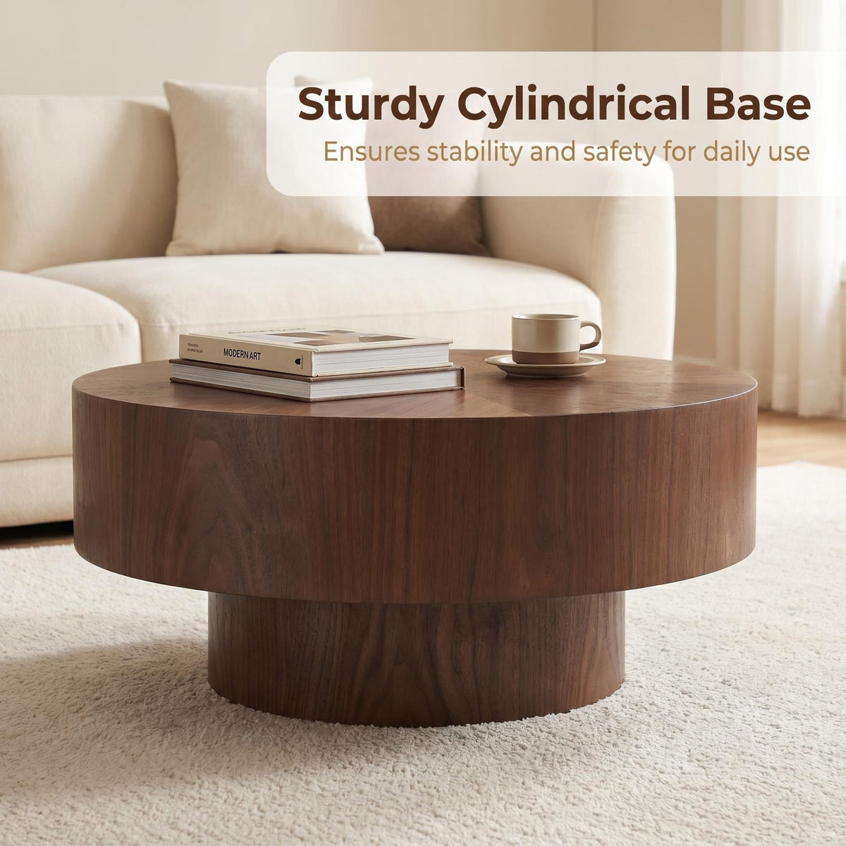 Round Wood 31.49 inch Coffee table for Living Room Table Walnut Suitable for Bedroom, Living Room, Office - Sonkuki
