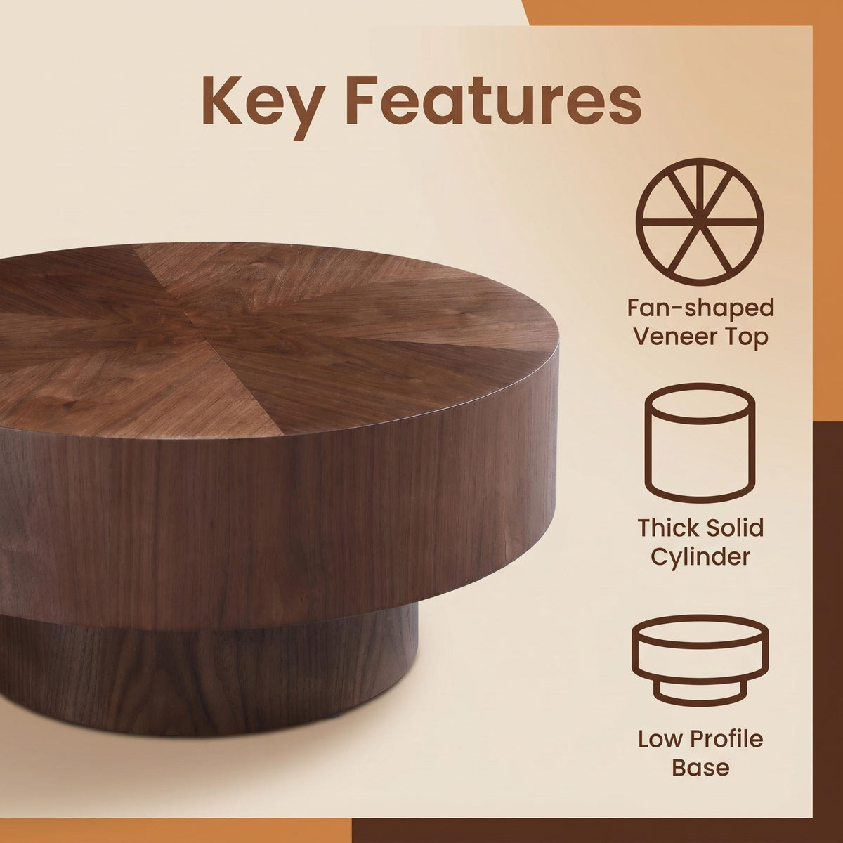 Round Wood 31.49 inch Coffee table for Living Room Table Walnut Suitable for Bedroom, Living Room, Office - Sonkuki