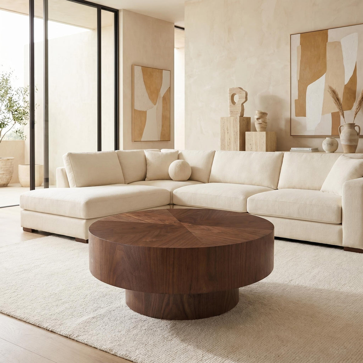 Round Wood 31.49 inch Coffee table for Living Room Table Walnut Suitable for Bedroom, Living Room, Office - Sonkuki