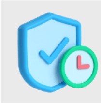 Shield with checkmark and clock icon representing product protection, warranty, or reliability guarantee