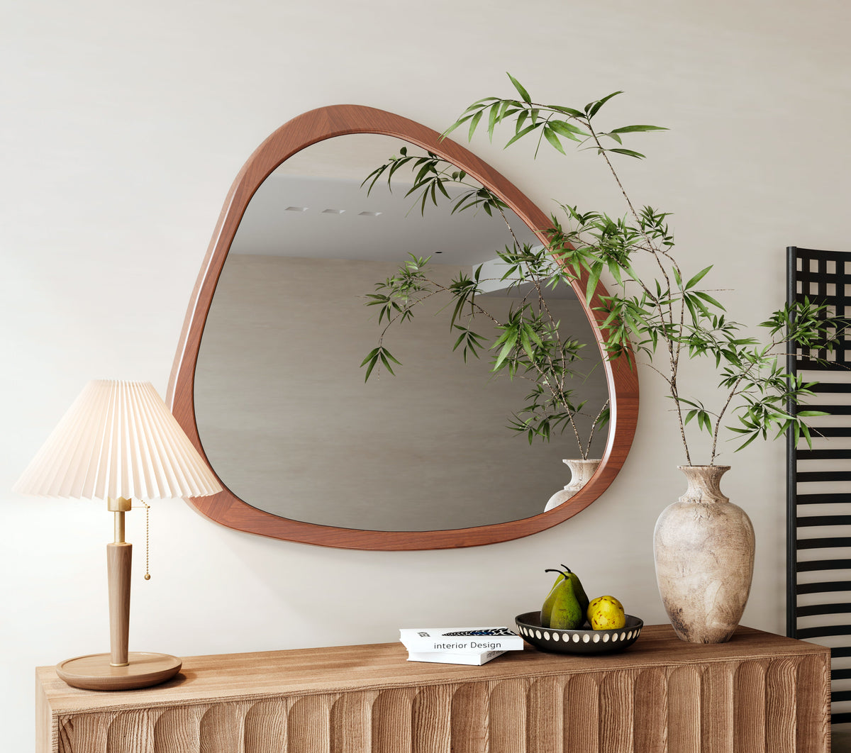 Solid Wood Mirror 45 Inch Asymmetrical Wall Mirror Wooden Framed Mirror Large Sized Dressing Mirror, for Living Room, Bedroom, Bathroom, Hallway or Entry Way, Walnut - Sonkuki